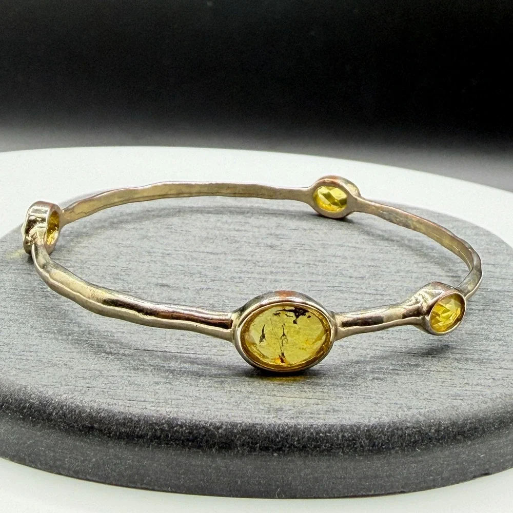 Yellow Crystal Silver Tone Bangle Bracelet Bezel Set Boho Statement Jewelry